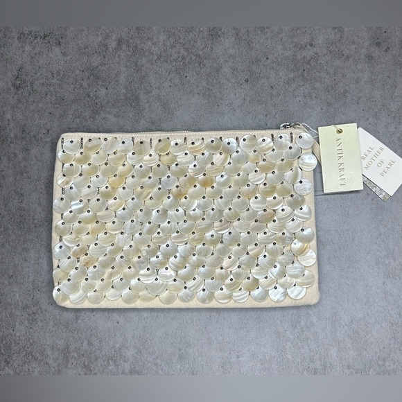 Antik Kraft Handbags - Antik Kraft Mother of Pearl Beaded Clutch –Ivory Shell‑Disc Evening Bag